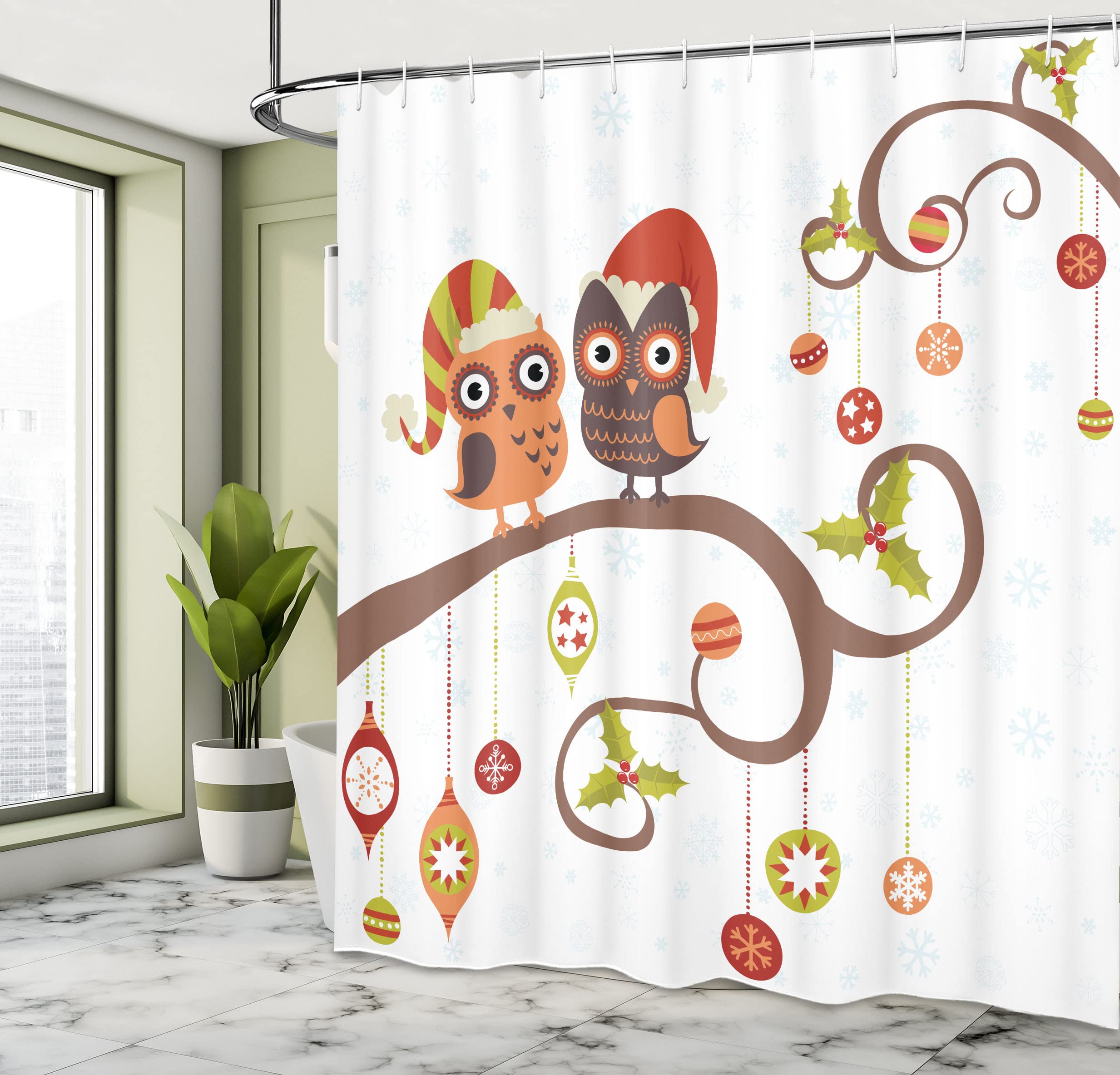 Ambesonne Christmas Shower Curtain, Owls On Celebrating Twiggy Tree Branches Annual Yule Noel Christmas Themed Print, Cloth Fabr